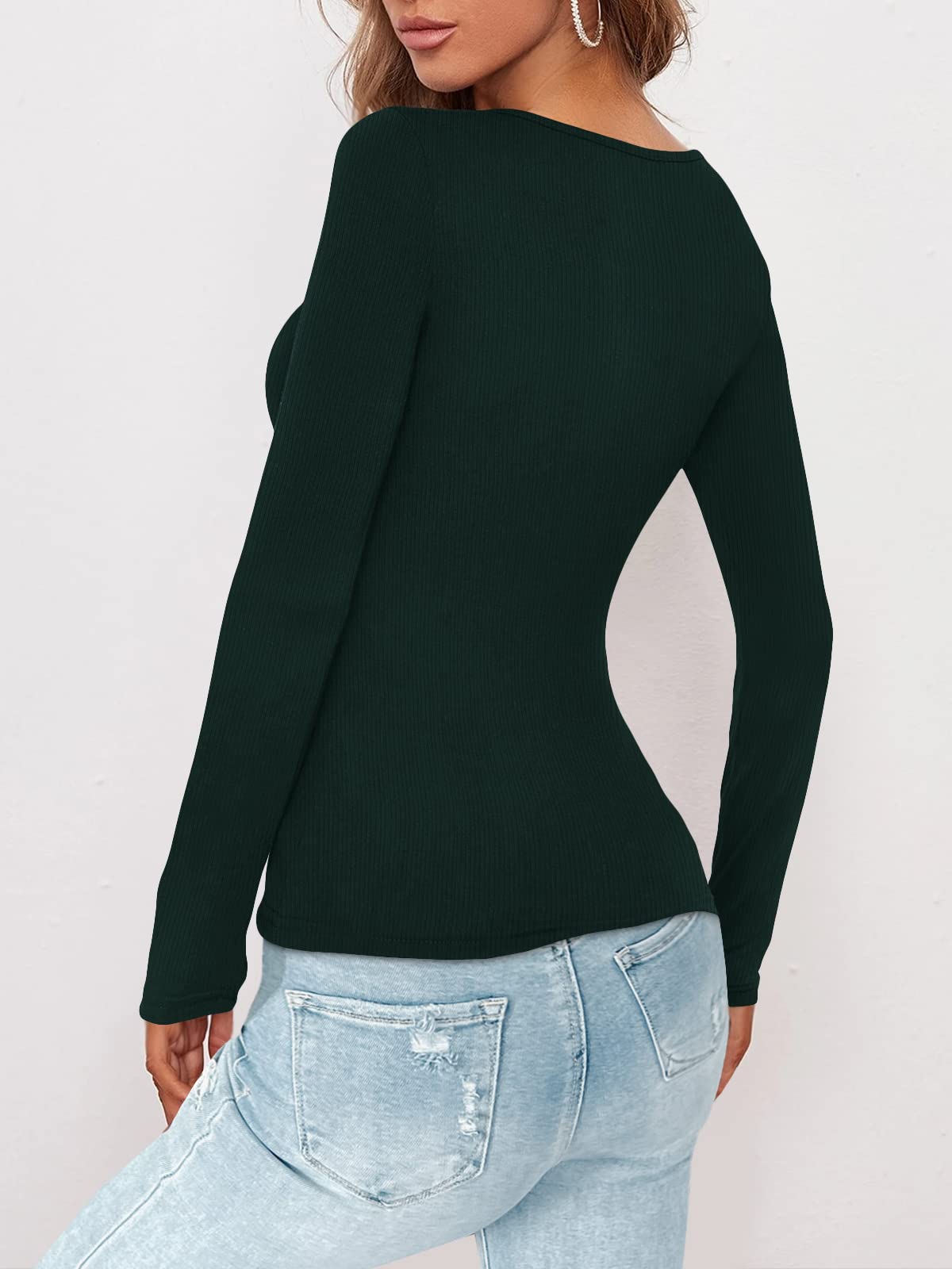 Women Long Sleeve Tops Scoop Neck Low Cut Slim Fitted Henley Shirt Sexy Basic Tee Shirts Tops Blackish Green