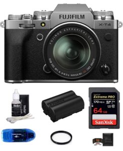 fujifilm x-t4 mirrorless digital camera with xf 18-55mm f/2.8-4 r lm ois lens (silver) bundle, includes: sandisk 64gb extreme pro sdxc memory card, spare fujifilm np-w235 battery + more (7 items)