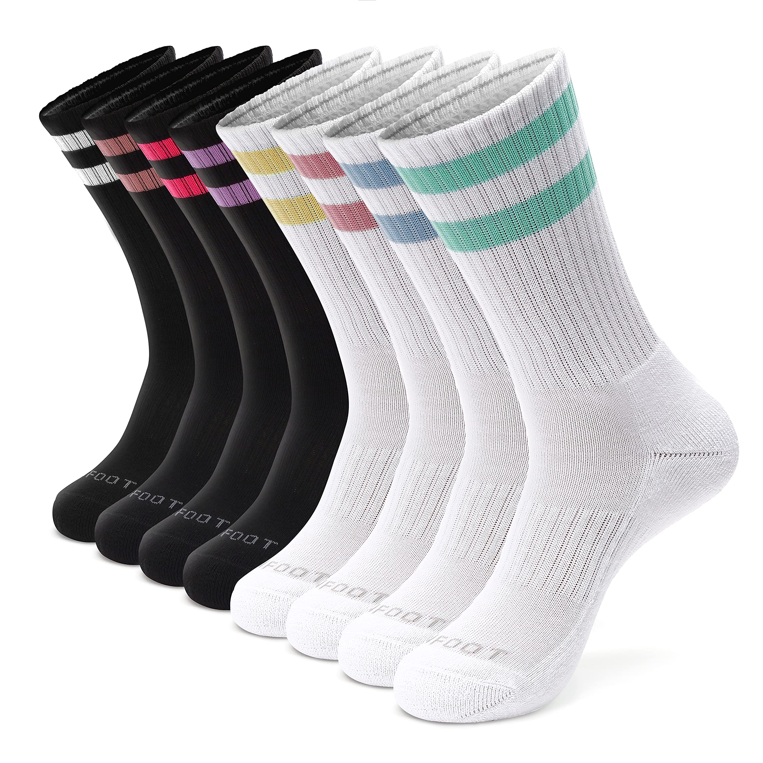 MONFOOT Women's and Men's 8 Pairs Athletic Cushion Crew Socks Striped Medium, multipack