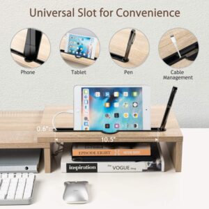 LORYERGO Dual Monitor Stand for Desk, Monitor Stand with 2 Slots for Phone and Tablet, Dual Monitor Riser with Length and Angle Adjustable, Computer Stand for Monitor, Laptop, Tablet (Light Wood)