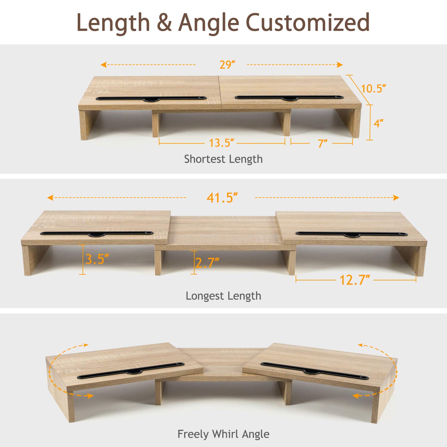 LORYERGO Dual Monitor Stand for Desk, Monitor Stand with 2 Slots for Phone and Tablet, Dual Monitor Riser with Length and Angle Adjustable, Computer Stand for Monitor, Laptop, Tablet (Light Wood)