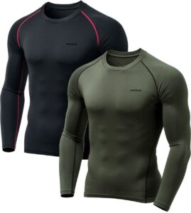 tsla men's thermal long sleeve compression shirts, athletic base layer top, winter gear running t-shirt, heat core 2pack black & red/olive, large