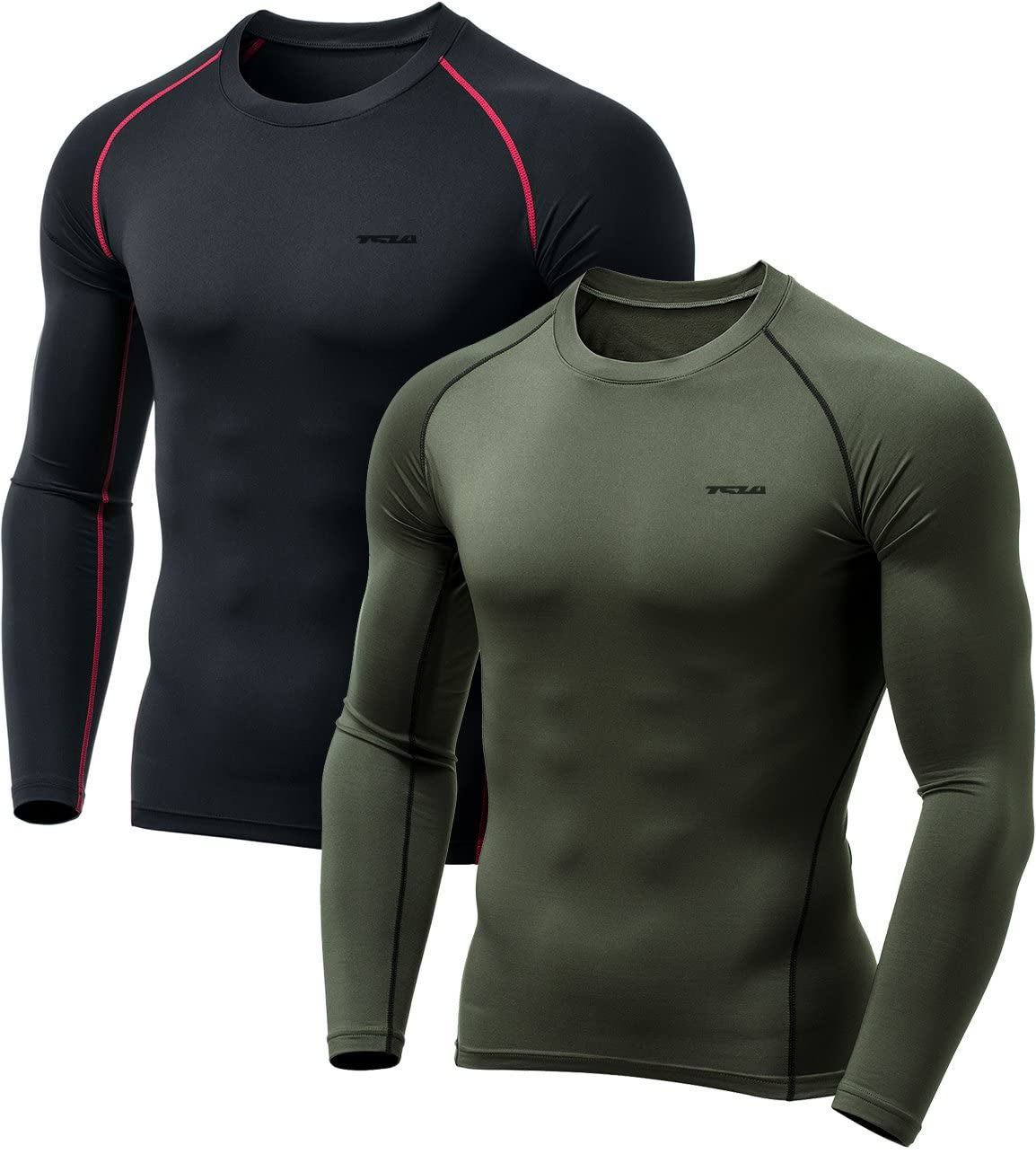 TSLA Men's Thermal Long Sleeve Compression Shirts, Athletic Base Layer Top, Winter Gear Running T-Shirt, Heat Core 2pack Black & Red/Olive, Large