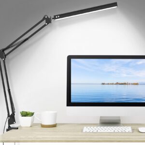 beetwo led desk lamp with clamp, adjustable swing arm desk lamp, desk light eye-care table light, 3 color modes, 10-level dimmable light for study, reading, home, office, dorms, workshops, studios