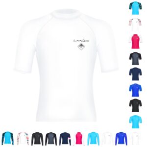 OMGear Rash Guard Swim Shirt Sun Block Short Long Sleeve Surf Tee Swimsuit Top (White(Short Sleeve), S)