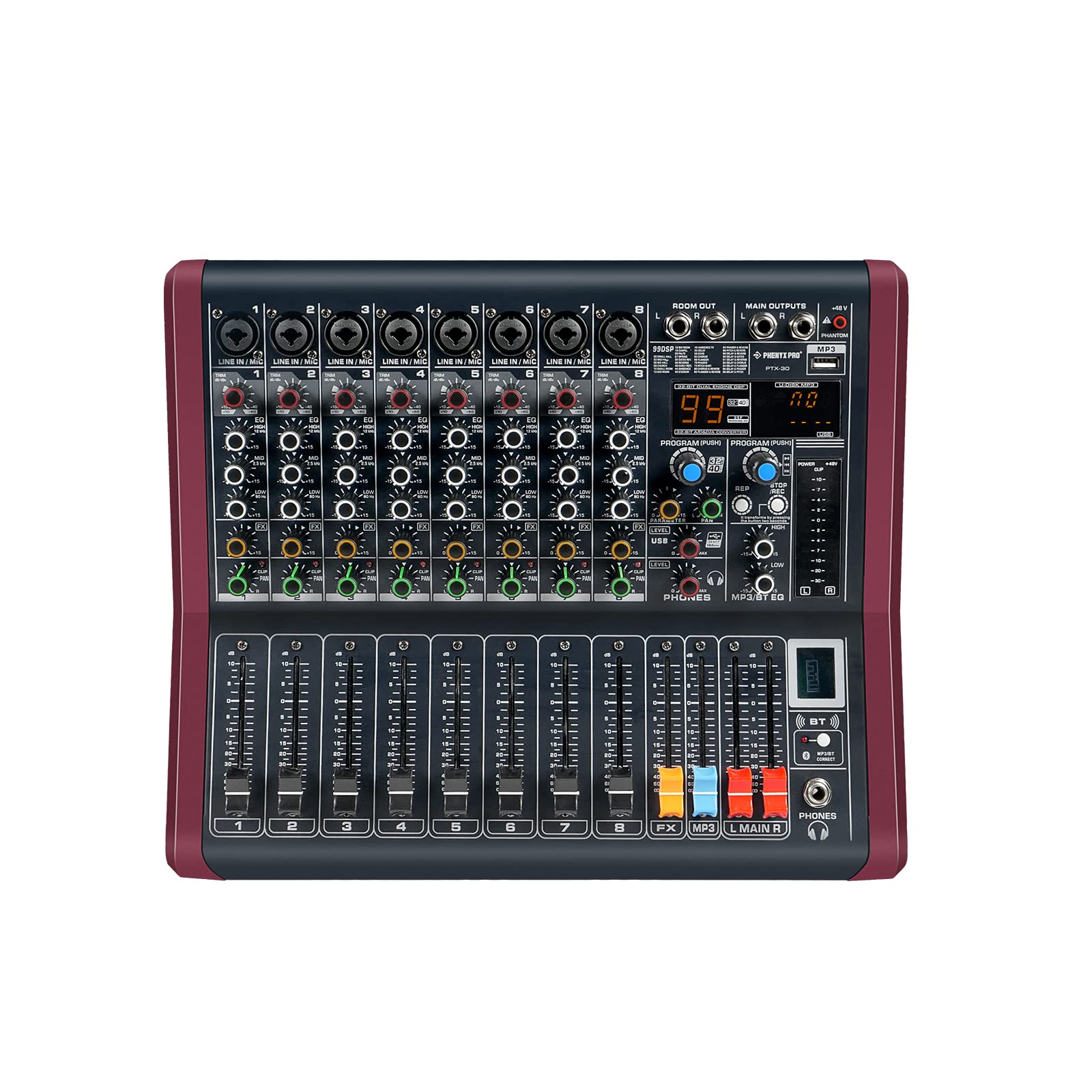 Professional DJ Audio Mixer, Phenyx Pro Sound Mixer, 8-Channel Sound Board Mixer Audio w/USB Audio Interface, USB-B Recording, BT Function, 99 DSP Effects, 3-Band EQ, For Studio, Stage (PTX-30)