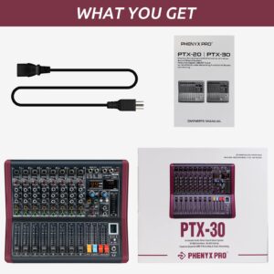 Professional DJ Audio Mixer, Phenyx Pro Sound Mixer, 8-Channel Sound Board Mixer Audio w/USB Audio Interface, USB-B Recording, BT Function, 99 DSP Effects, 3-Band EQ, For Studio, Stage (PTX-30)