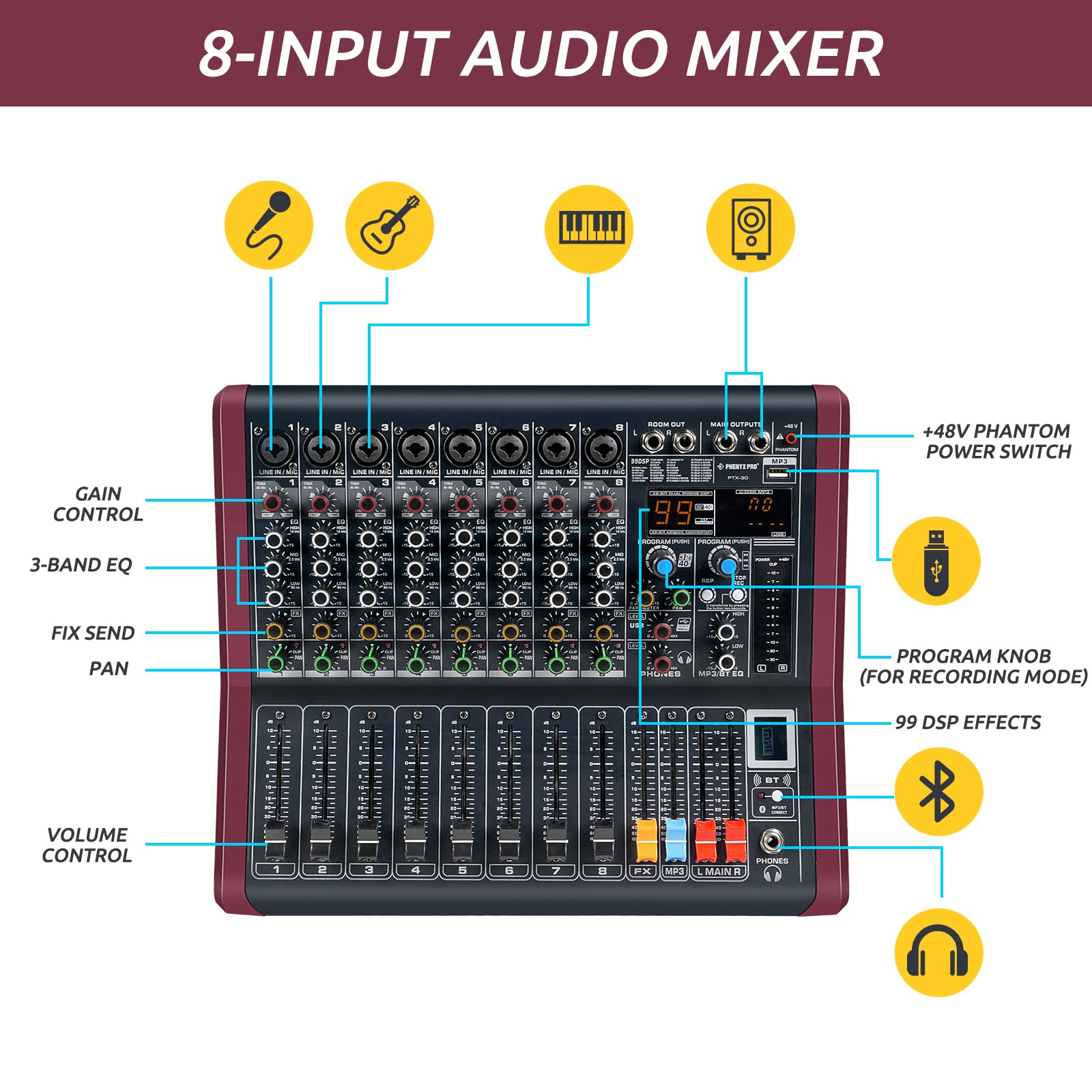 Professional DJ Audio Mixer, Phenyx Pro Sound Mixer, 8-Channel Sound Board Mixer Audio w/USB Audio Interface, USB-B Recording, BT Function, 99 DSP Effects, 3-Band EQ, For Studio, Stage (PTX-30)