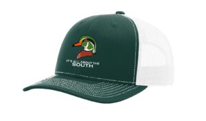 it's all about the south wood duck mesh back trucker hat-forest green/white