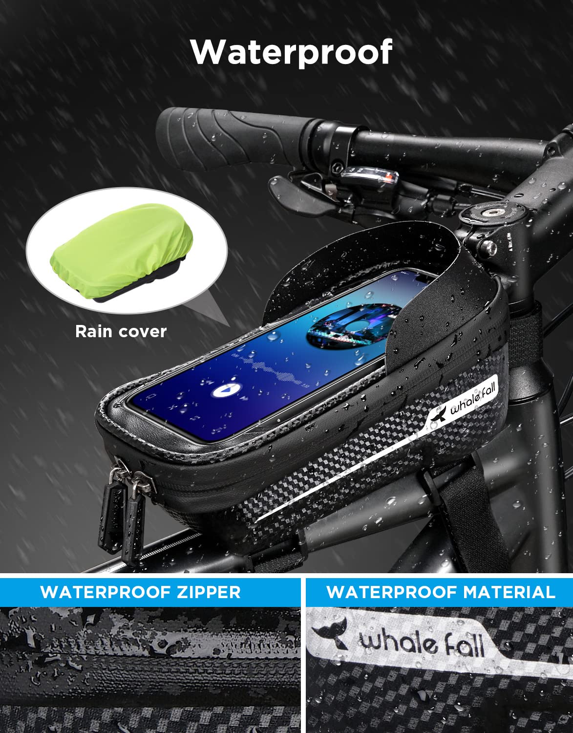 whale fall Newest Hard Casing Bike Bag, Bike Accessories, Never Deform/Waterproof, Bike Phone Holder Bike Phone Mount with 0.25mm Sensitive TPU Touch-Screen, with Rain Cover for Phones under 6.9''