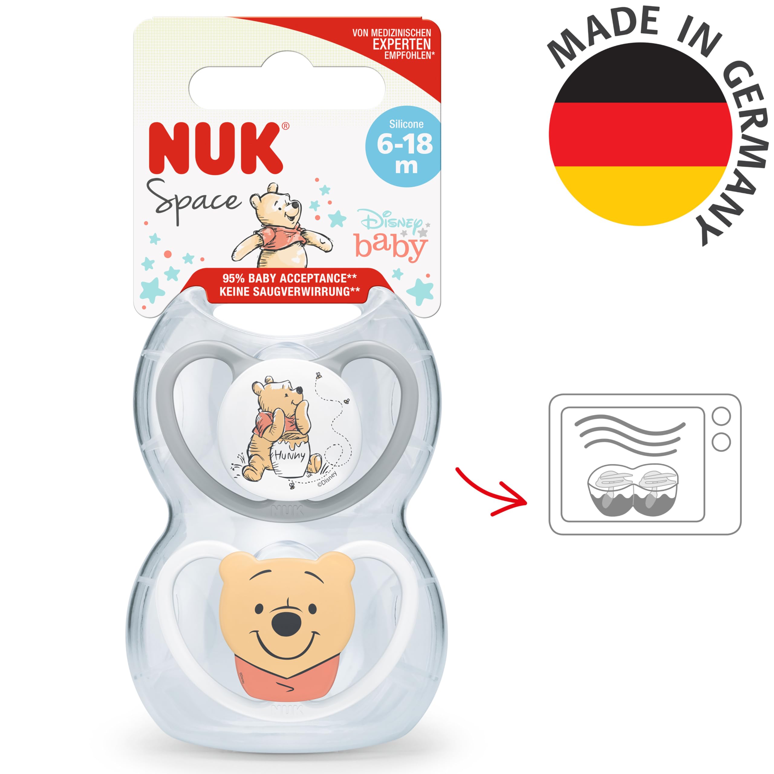 NUK Space Baby Dummy | 6-18 Months | Soothers with Extra Ventilation| BPA-Free Silicone | Disney Winnie The Pooh | 2 Count