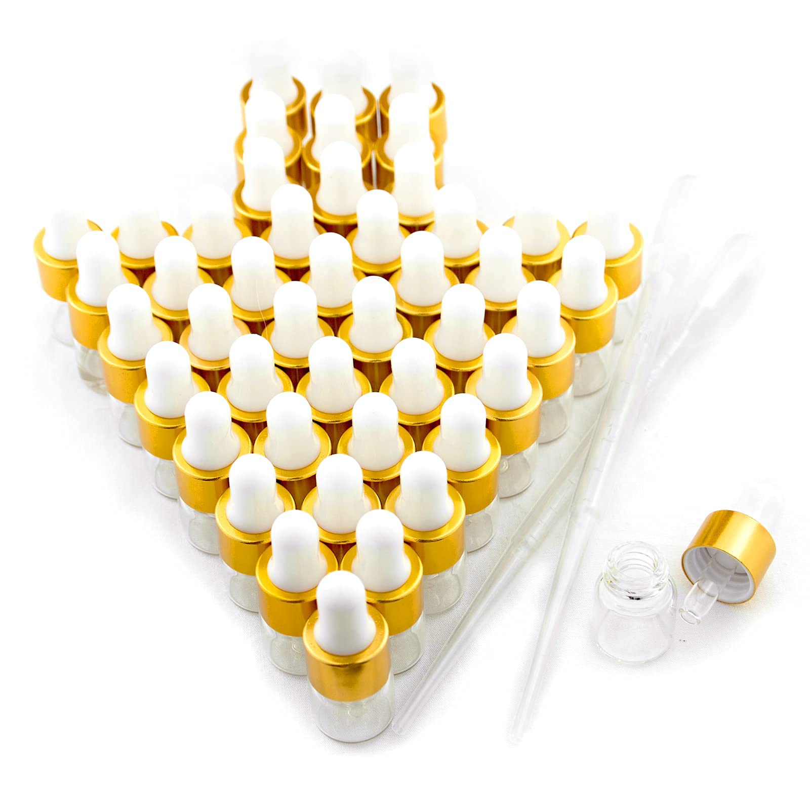 Easeen 50 Pcs Sample Dropper Bottles, 1ml Clear Mini Dropper Bottles with 2 Pcs Plastic Droppers for Traveling Essential Oils DIY Cosmetic Liquid Sample Perfume