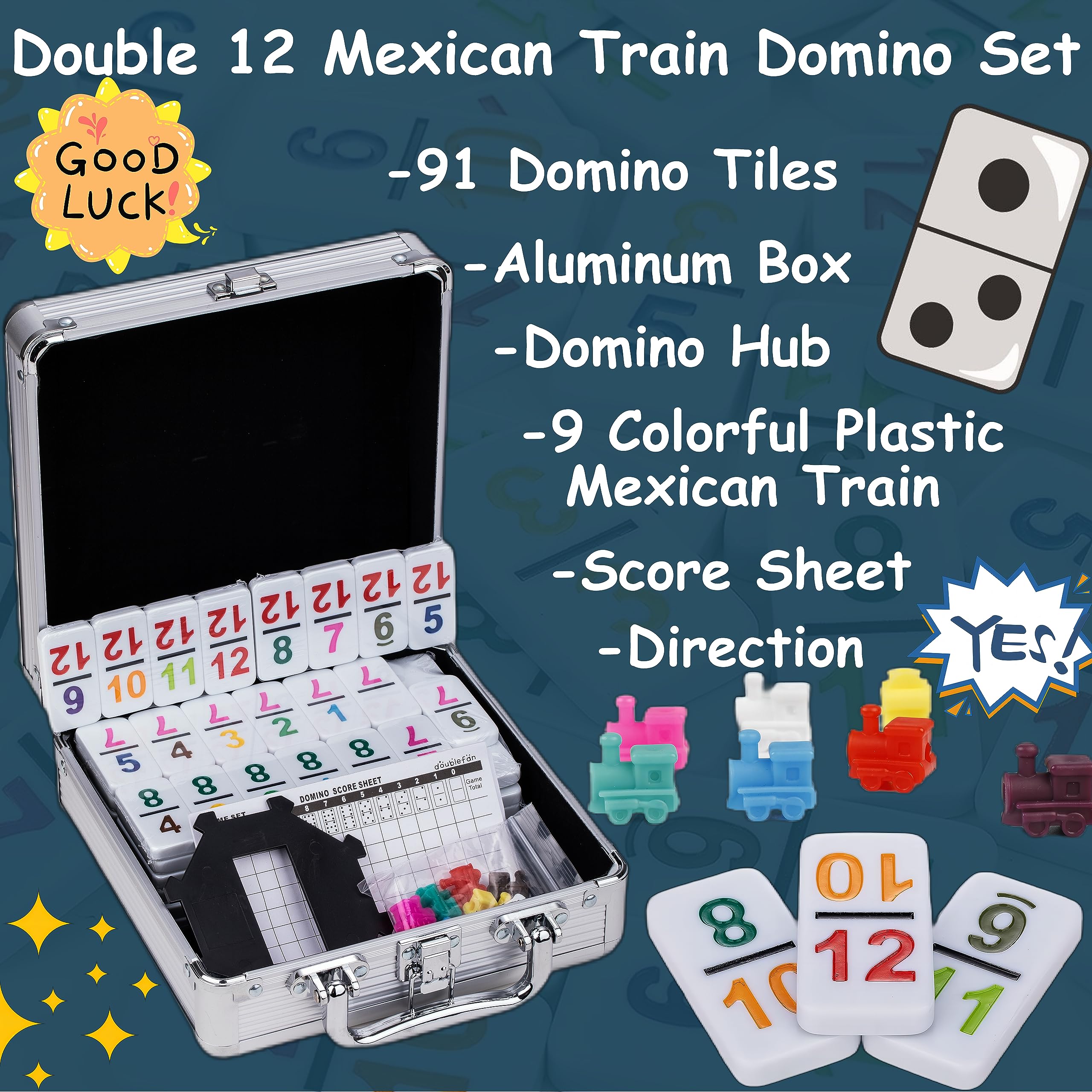 Doublefan Mexican Train Dominoes with Color Numbers,Double 12 Numerical Domino Game, Chicken Foot Dominoes Set with Aluminum Case, 91 Tiles Dominoï¼ˆ2-10 Player