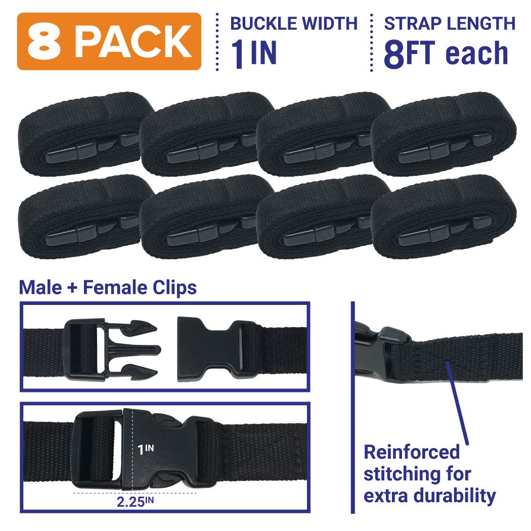 Boat Cover Straps Adjustable Buckle Straps 8 Pack Strap Buckles Boat Buckle Nylon Straps with Buckle 1" x 96" Utility Straps with Quick Release Buckle