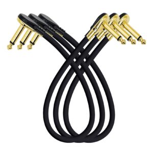 honest kin guitar patch cables 12 inch flat low profile, 1/4" right angle guitar pedal instrument cable, gold plated pancake connector s-shape effects pedal cable (pack of 3)