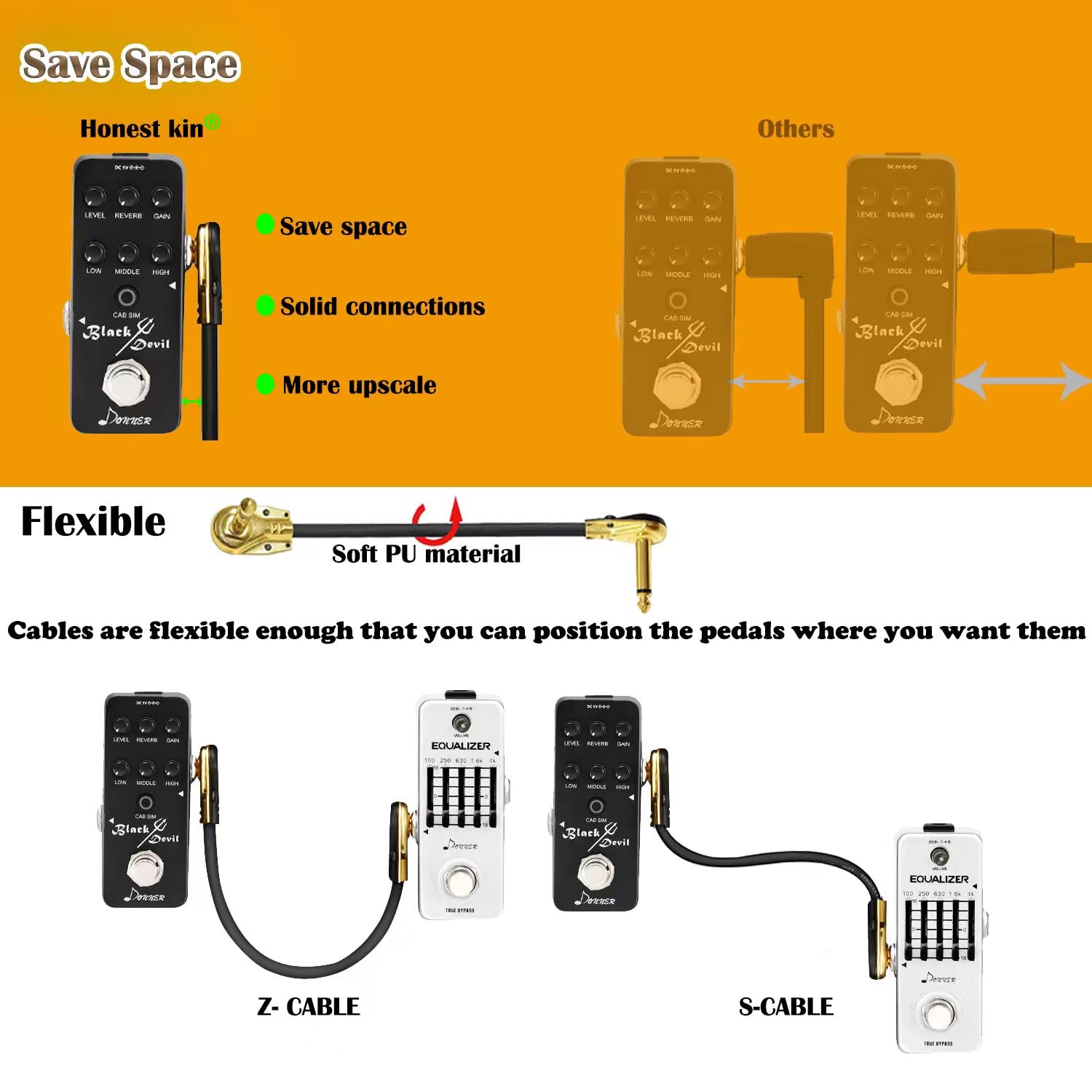 HONEST KIN Guitar Patch Cables 12 inch Flat Low Profile, 1/4" Right Angle Guitar Pedal Instrument Cable, Gold Plated Pancake Connector S-Shape Effects Pedal Cable (Pack of 3)