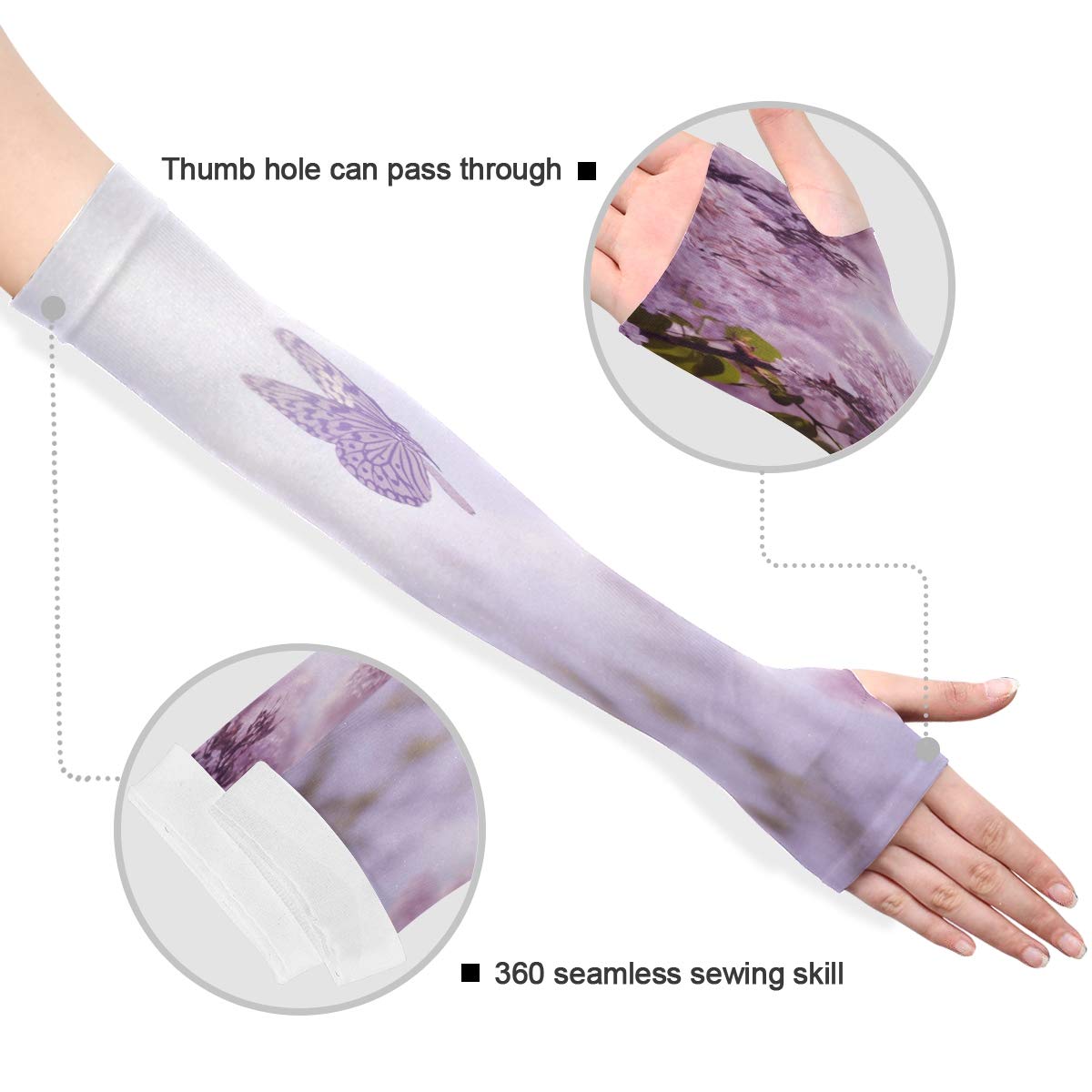 WELLDAY Purple Butterfly Flower Gardening Sleeves with Thumb Hole Farm Sun Protection Arm Sleeves for Women Men