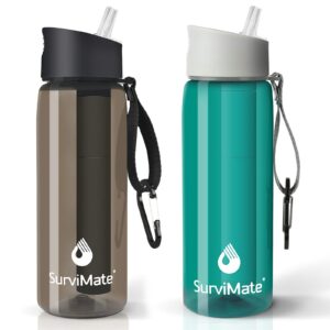 survimate purified water bottle for camping, hiking, backpacking and travel, bpa free with 4-stage intergrated filter straw
