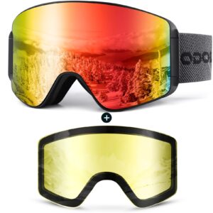 odoland ski goggles set with detachable lens, frameless interchangeable lens, anti-fog uv protection snow goggles for men and women, helmet compatible - black frame sliver lens vlt 15%
