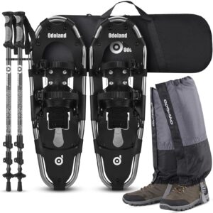 odoland 4-in-1 snowshoes snow shoes for men and women with trekking poles, carrying tote bag and waterproof snow leg gaiters, lightweight snow shoes aluminum alloy, black, size 30''