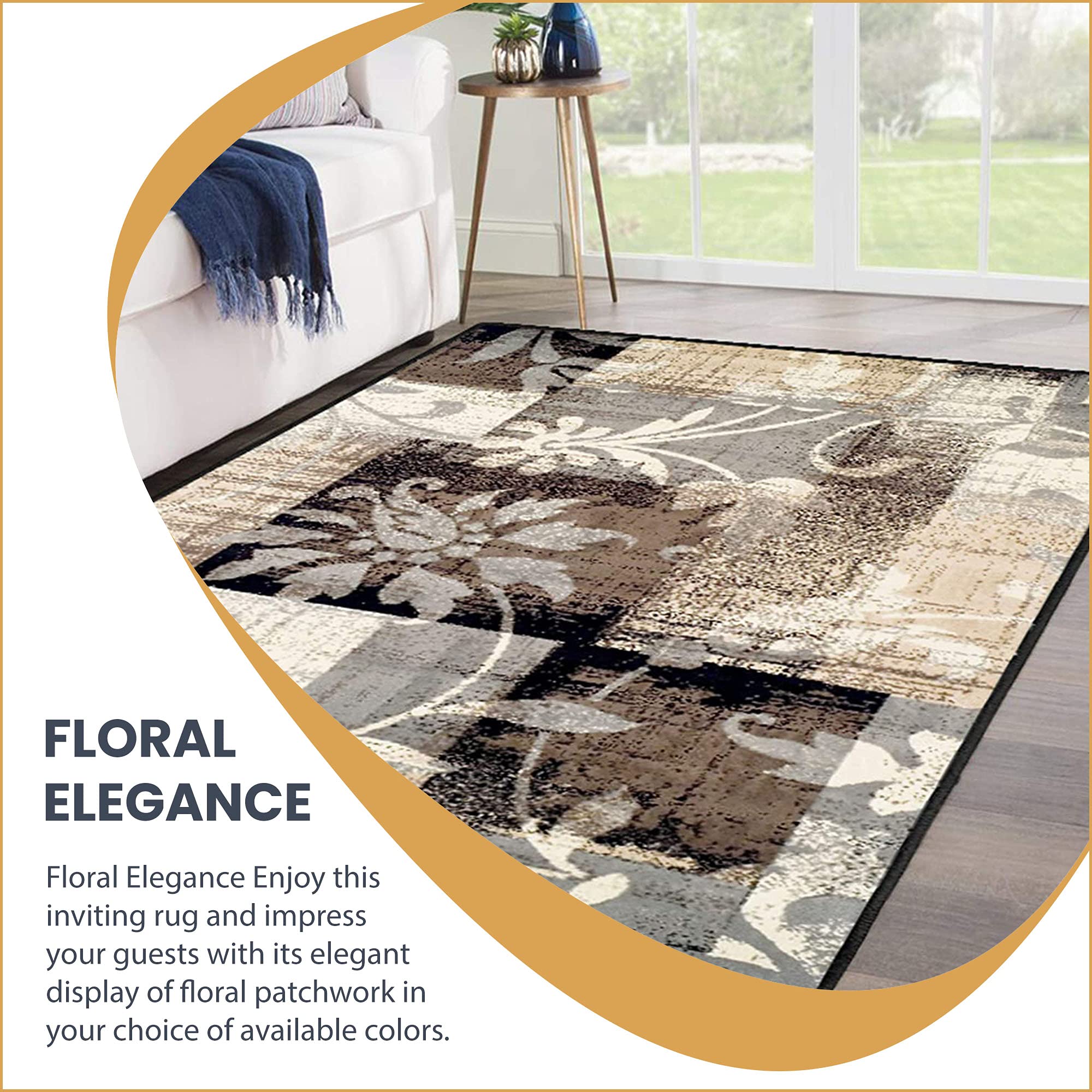 BNM Indoor Large Area Rug with Jute Backing, Floral Geometric Decor for Living Room, Kitchen, Bedroom, Office, Entryway, Hallway, Hardwood Floors, Pastiche Collection, 6' x 9', Beige