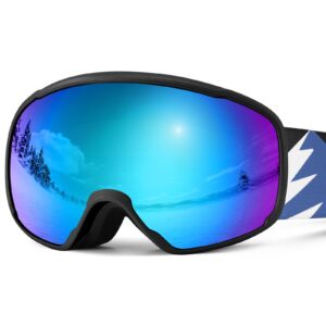 odoland kids ski goggles, snowboard goggles for youth skiing age 8-16, snow goggles s2 double lens anti-fog uv400 protection, black frame blue lens vlt 15%