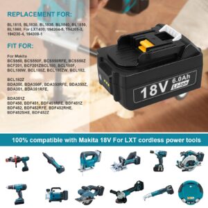 [1Pack] 18V 6.0 Ah High-Output Battery for Makita 18-Volt Tools BL1860 BL1850B BL1850 BL1840 BL1830 BL1820 BL1815 LXT-400, 18V Tool Battery