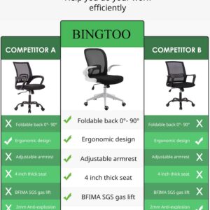 BINGTOO Ergonomic Office Chair with Lumbar Support, Foldable Mesh Backrest Computer Desk Chair for Home Office - Adjustable Height with Flip-up Arms and Wheels (Black)