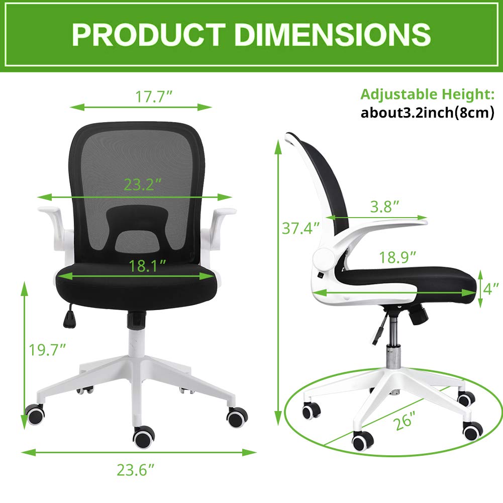 BINGTOO Ergonomic Office Chair with Lumbar Support, Foldable Mesh Backrest Computer Desk Chair for Home Office - Adjustable Height with Flip-up Arms and Wheels (Black)