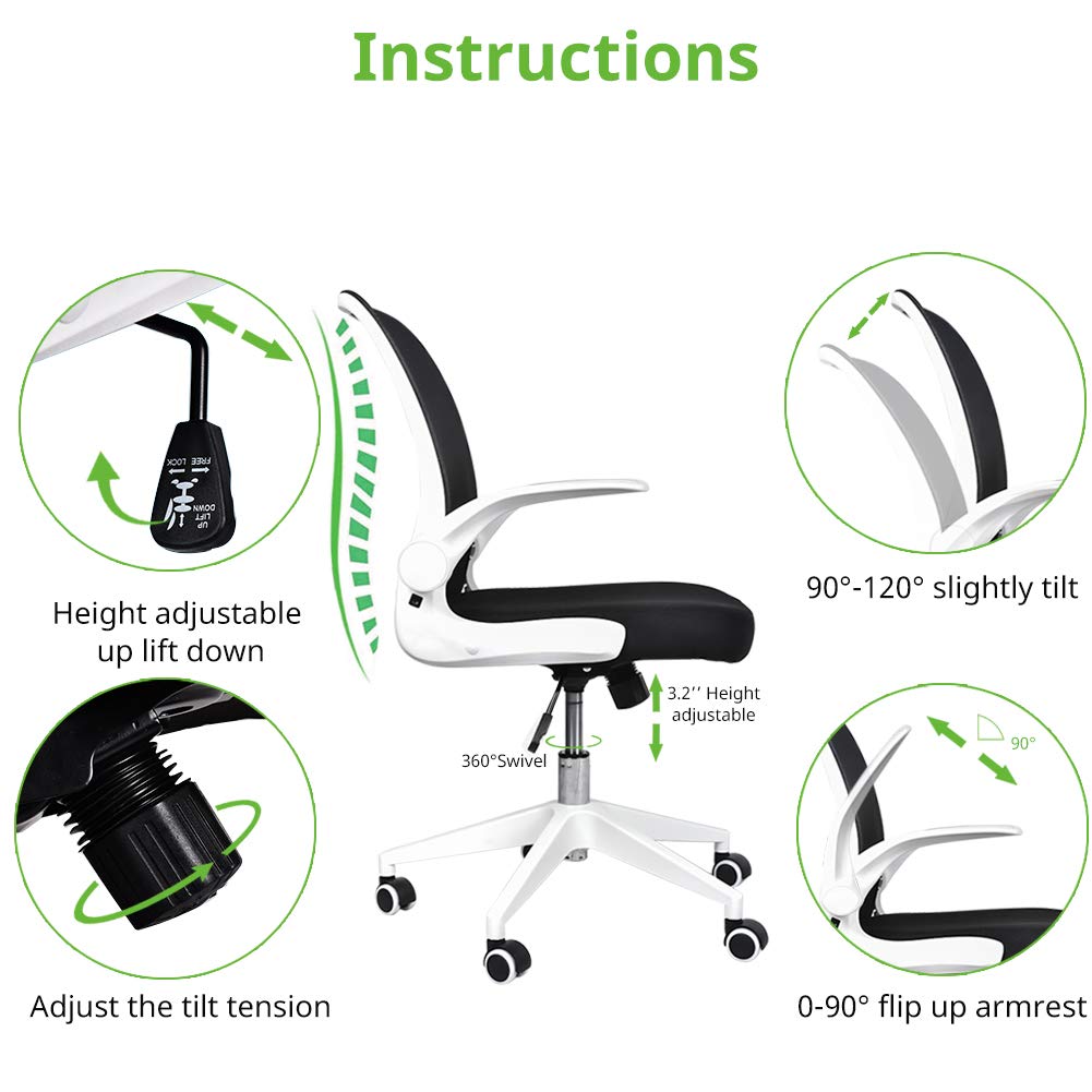 BINGTOO Ergonomic Office Chair with Lumbar Support, Foldable Mesh Backrest Computer Desk Chair for Home Office - Adjustable Height with Flip-up Arms and Wheels (Black)