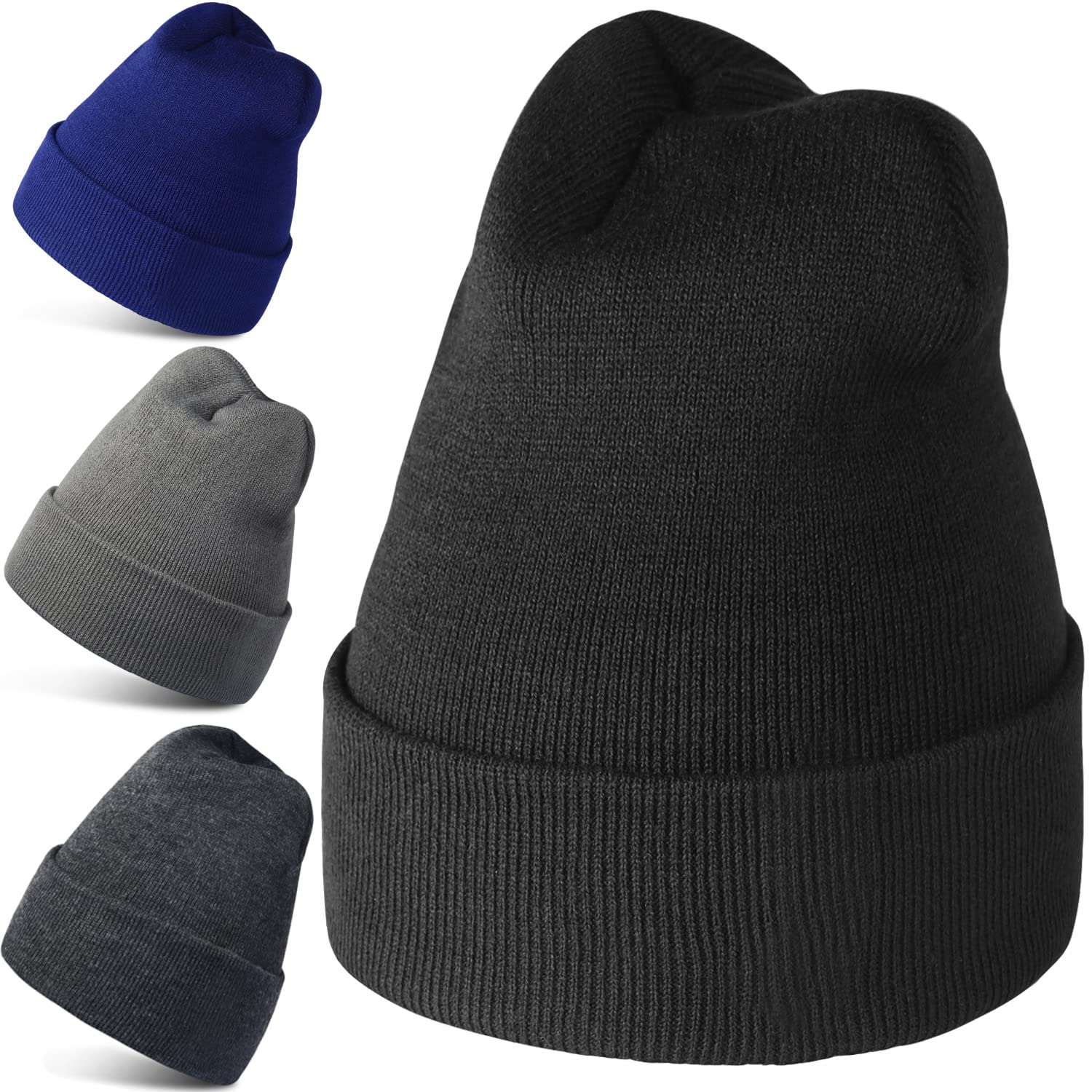 4 Pack Beanies Four Seasons Hats Knitted Cap for Men & Women & Teen (Black/Light Gray/Dark Gray/Dark Blue)