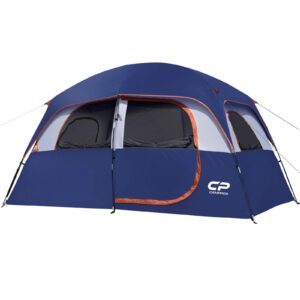 campros cp tent-6-person-camping-tents, waterproof windproof family tent with top rainfly, 4 large mesh windows, double layer, easy set up, portable with carry bag - blue