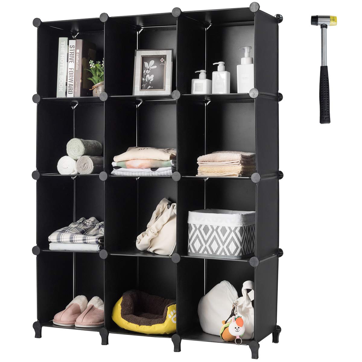 Tangkula 12 Cubes Storage Organizer, DIY Plastic PP Closet Cabinet w/Rustproof Steel Frame, Portable DIY Modular Storage System w/Hammer for Toys, Books, Shoes Indoor Use