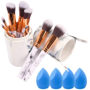 Marble Makeup Brush Set With Case - 10 PCS Marble Makeup Brushes - 4 PCS Makeup Sponges - Makeup Brush Holders - Professional Beauty Blender and Brush Set (15 pieces)