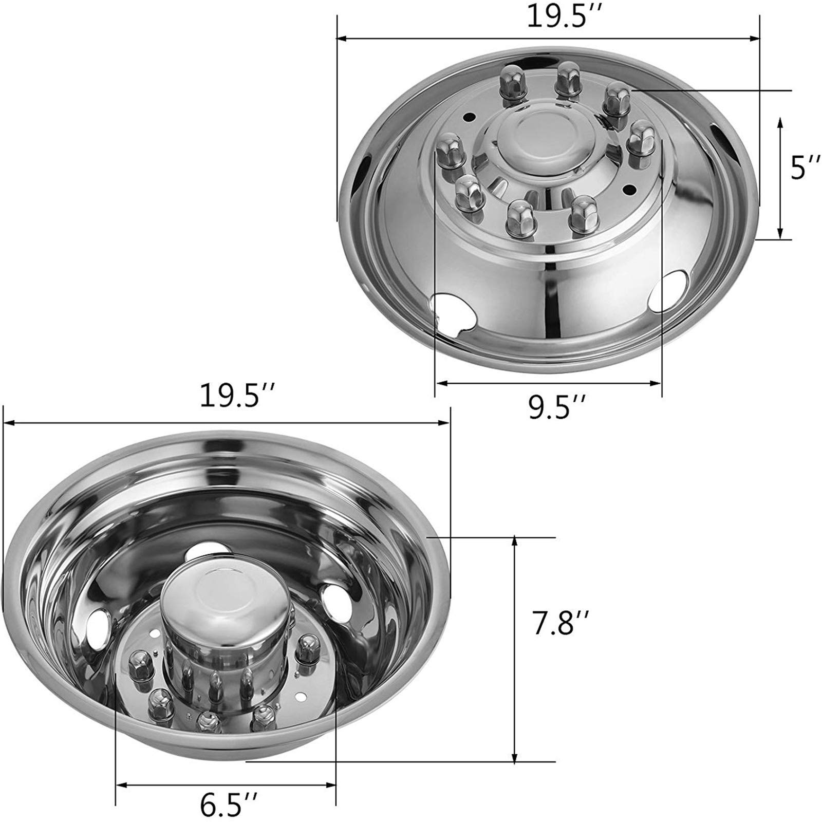 VEVOR Stainless Steel Front And Rear Wheel Simulators 19.5 Inch 10 Lug Wheel Simulator 4PCS of Hand Hole Hubcap Kit Compatible With 2005-2021 Ford Super Duty F450 - F550 10 Lug Dually Trucks Only