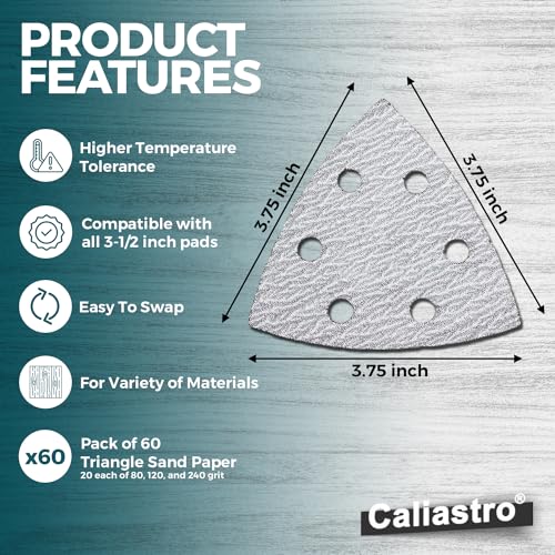 3 3/4" Triangle Sandpaper for Oscillating Multi-tool - Fits 3.5 Inch Corner Sanding Pads Including DeWalt, Milwaukee, Craftsman, Bosch, and Diablo; Delta Sandpaper with 80, 120 and 240 grits - 60-Pack