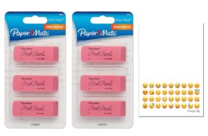 paper mate pink pearl erasers, medium, 6 count, bundle with emoji printed notepad from advantage gifts