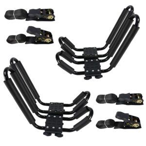 2 pairs kayak rack j-bar car roof rack for canoe carrier sup paddle surfboard mount on car suv and truck crossbar， includes 4 pcs roof rack tie down cam straps.