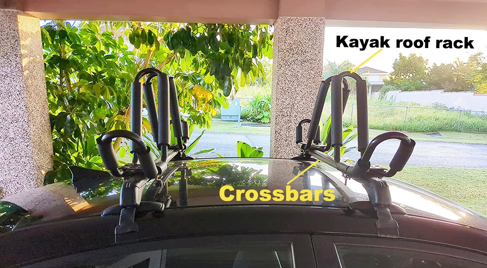 2 Pairs Kayak Rack J-Bar Car Roof Rack for Canoe Carrier SUP Paddle Surfboard Mount on Car SUV and Truck Crossbar， Includes 4 Pcs Roof Rack Tie Down Cam Straps.