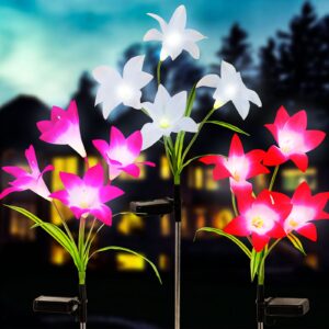 golden autumn solar lights outdoor decorative，3 pack solar garden lights, 12 bigger lily flowers, used for garden lawn backyard terrace, automatic color changing led solar flowers