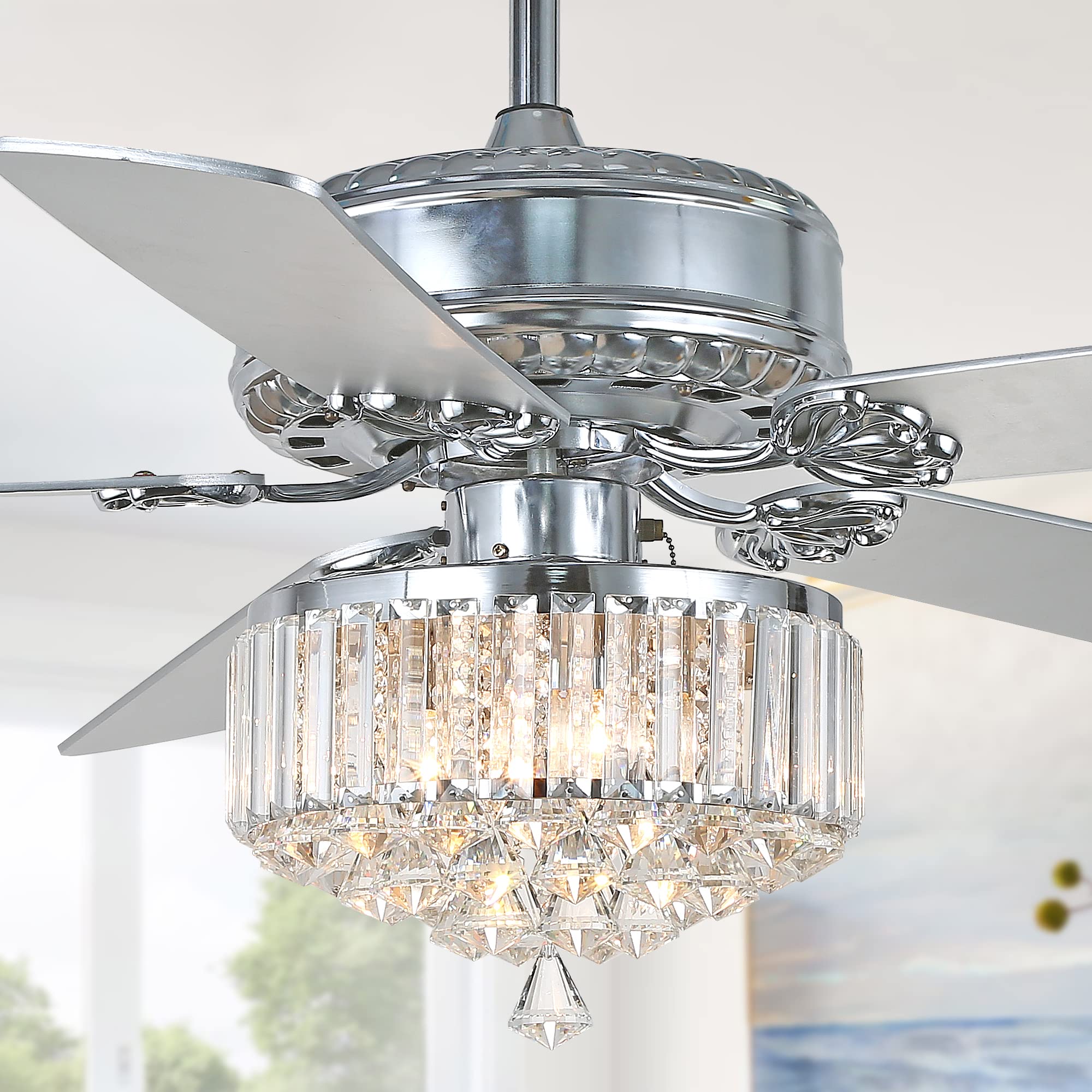 52" Crystal Ceiling Fan Chandelier, Remote Control, Reversible Motor & 5 Wood Reversible Blades, Chrome Finish