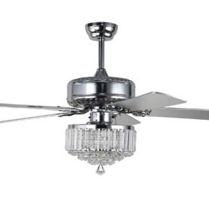 52" Crystal Ceiling Fan Chandelier, Remote Control, Reversible Motor & 5 Wood Reversible Blades, Chrome Finish