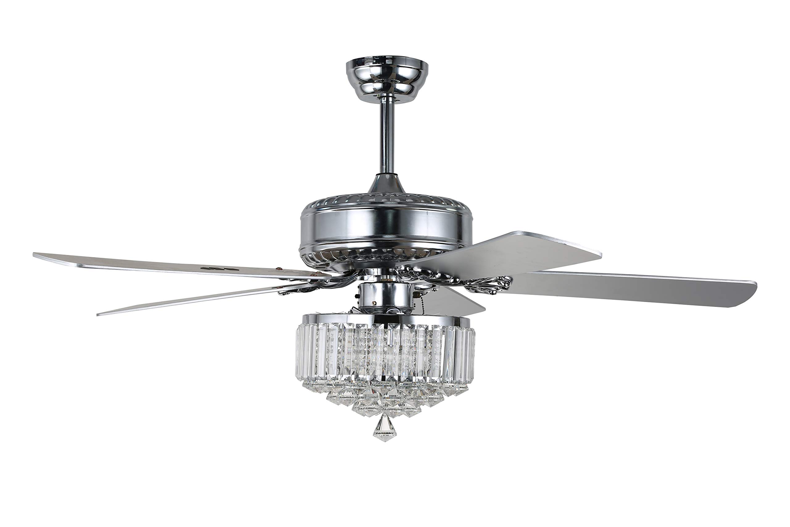 52" Crystal Ceiling Fan Chandelier, Remote Control, Reversible Motor & 5 Wood Reversible Blades, Chrome Finish