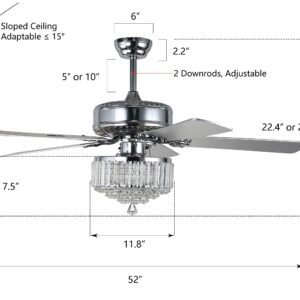 52" Crystal Ceiling Fan Chandelier, Remote Control, Reversible Motor & 5 Wood Reversible Blades, Chrome Finish