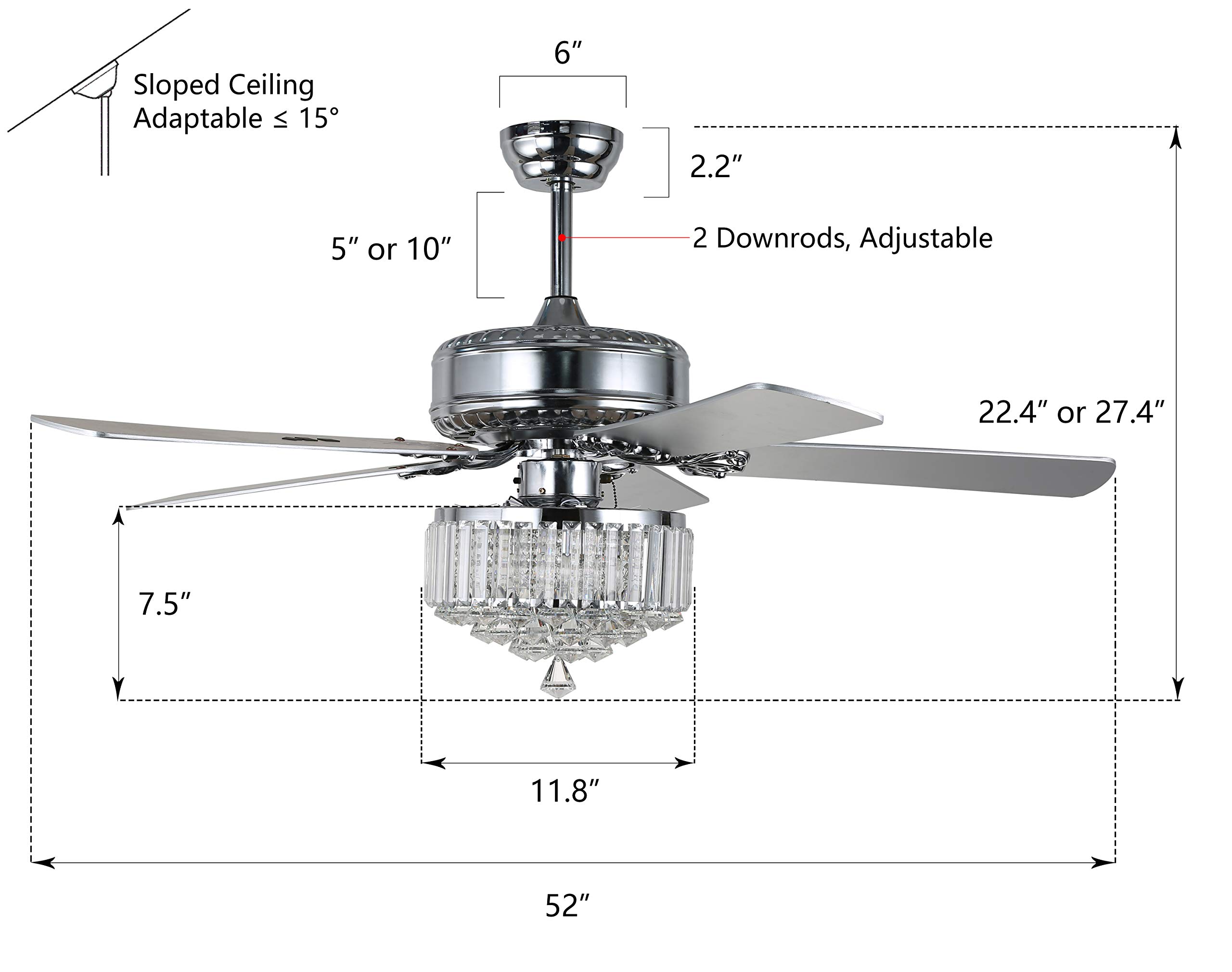 52" Crystal Ceiling Fan Chandelier, Remote Control, Reversible Motor & 5 Wood Reversible Blades, Chrome Finish