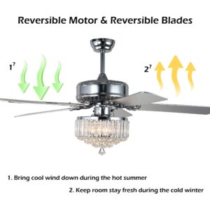 52" Crystal Ceiling Fan Chandelier, Remote Control, Reversible Motor & 5 Wood Reversible Blades, Chrome Finish