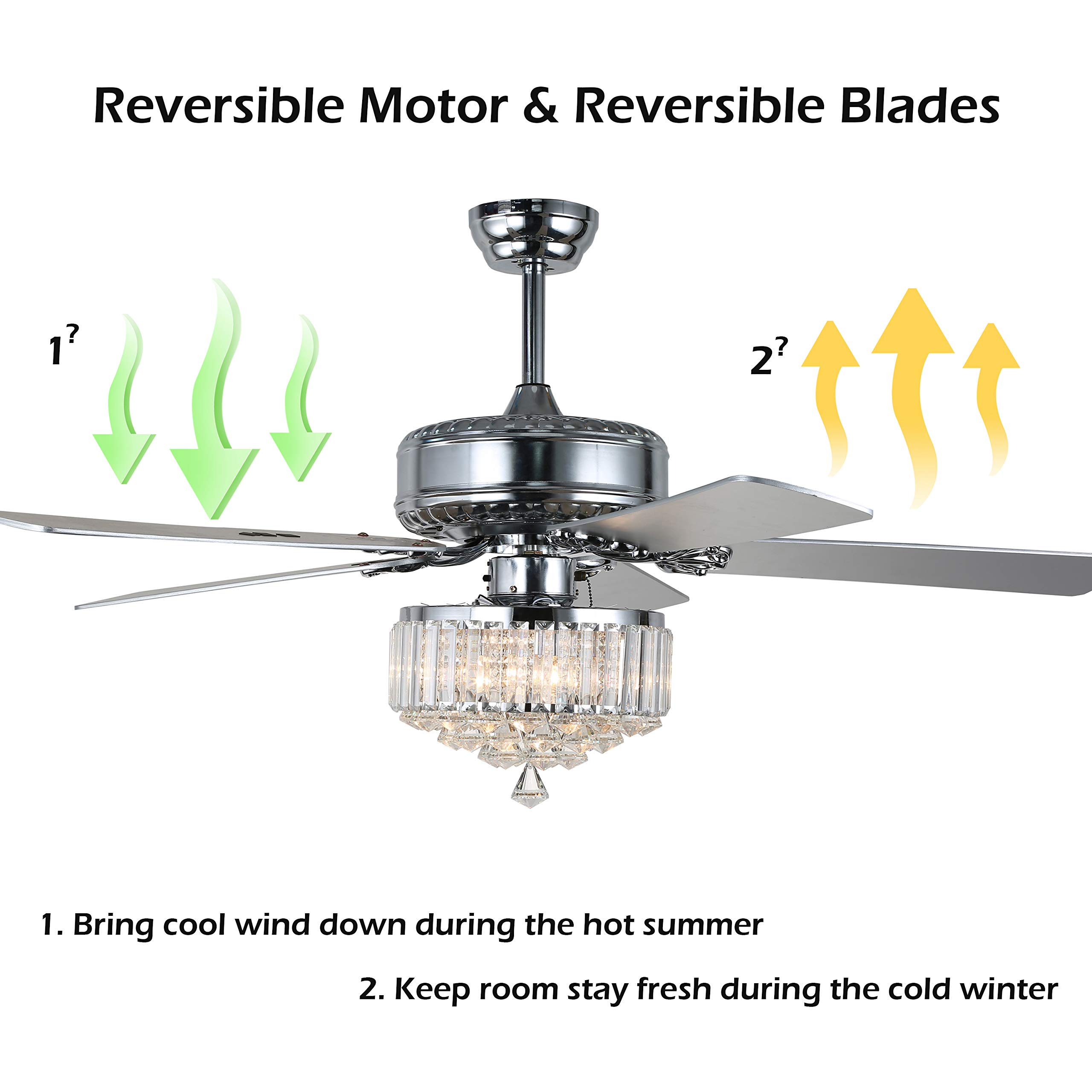 52" Crystal Ceiling Fan Chandelier, Remote Control, Reversible Motor & 5 Wood Reversible Blades, Chrome Finish