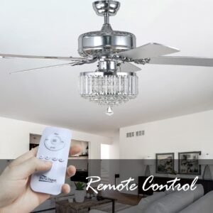 52" Crystal Ceiling Fan Chandelier, Remote Control, Reversible Motor & 5 Wood Reversible Blades, Chrome Finish