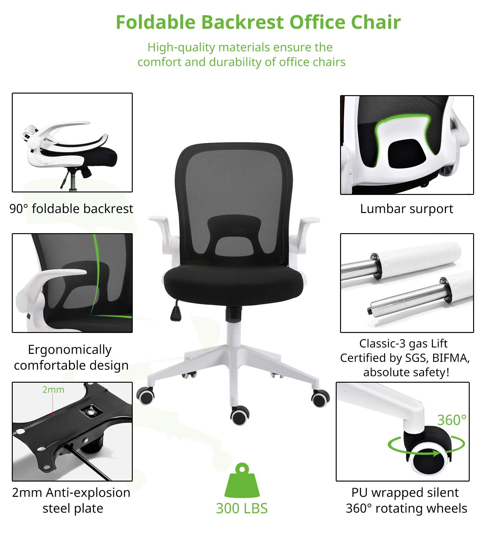 BINGTOO Home Office Desk Chairs- Ergonomic Office Chair with Lumbar Support- Foldable Mesh Backrest Computer Task Desk Chair with Adjustable Arms and Wheels