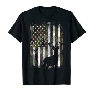 Camo US Flag Deer Elk Buck Camoflage Hunting Hunter Dad Gift Short Sleeve T-Shirt